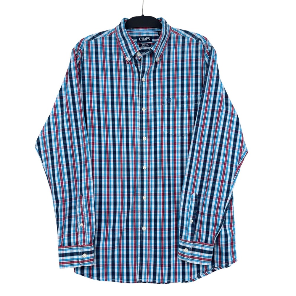 Chaps Stretch Easy Care Mens XL Cotton Blend Plaid‎ Button Down Shirt Blue Red